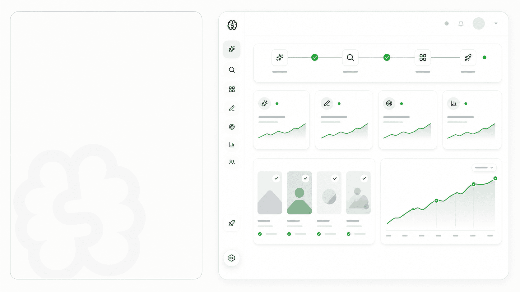 Abstract StefanBrain case study dashboard with a clear left-side headline panel, validation workflow, creative cards, and an upward results chart.