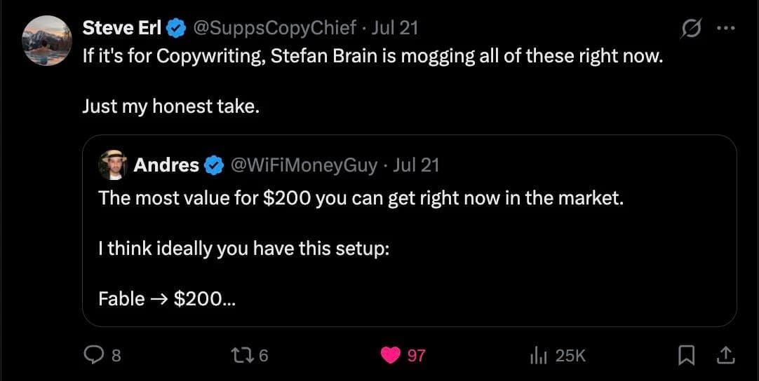 Steve Erl (X): If it's for Copywriting, Stefan Brain is mogging all of these right now. Just my honest take.